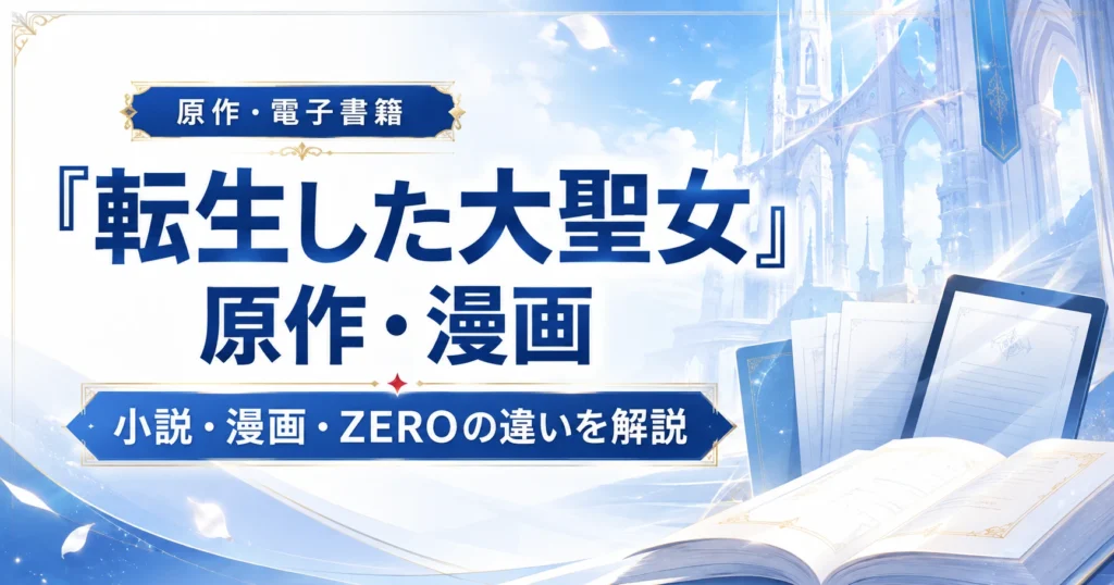 『転生した大聖女は、聖女であることをひた隠す』の原作小説・漫画・ZEROの違いと電子書籍での読み方を解説する記事のアイキャッチ画像